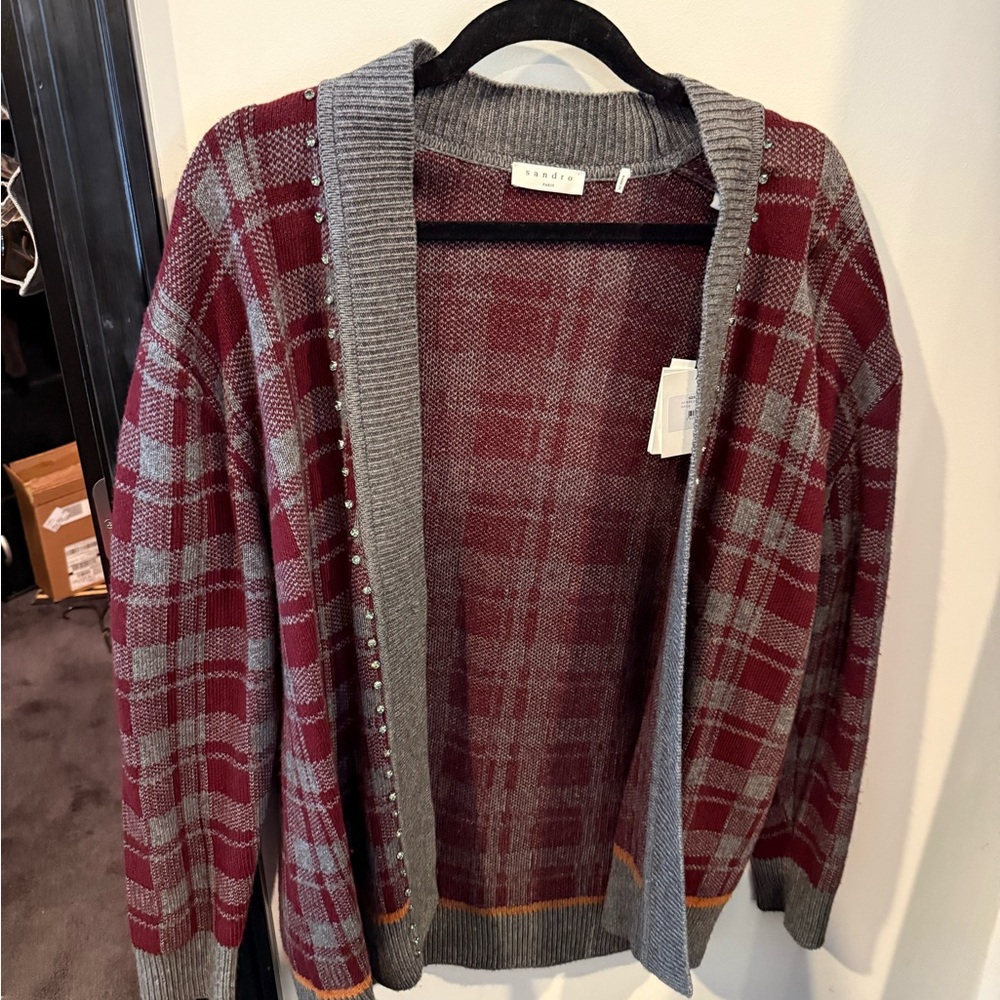 Sandro plaid  Gray and Red Sweater M